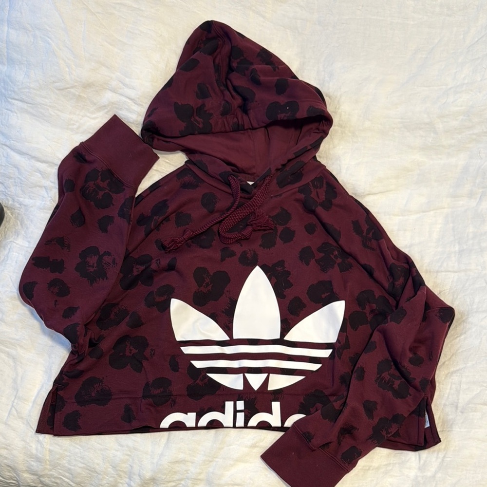 Adidas Cropped Burgundy Floral Oversized Hoodie